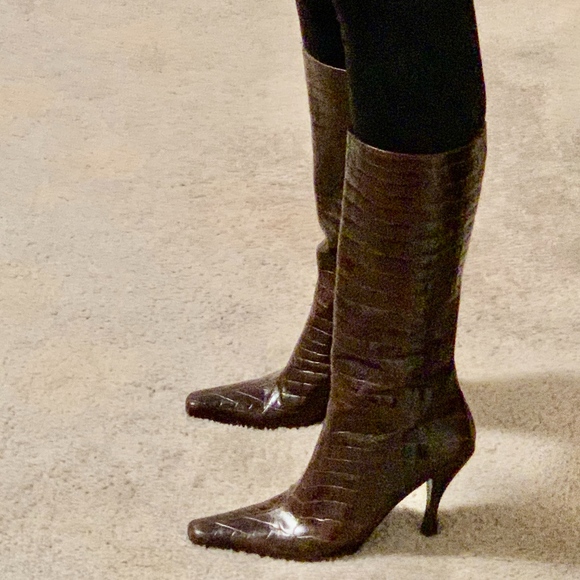 Via Spiga Croc Embossed Brown Leather Boots - Picture 3 of 8